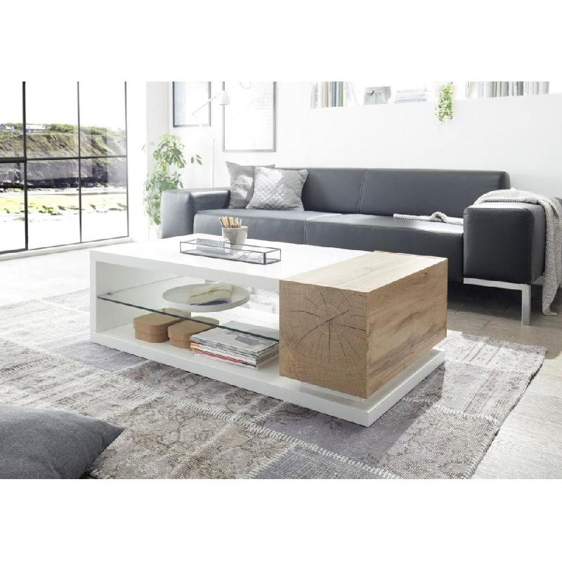 Table basse Mardin 120 x 63 cm - décor chêne noueux et blanc laqué - design contemporain avec rangement et étagère en verre_4