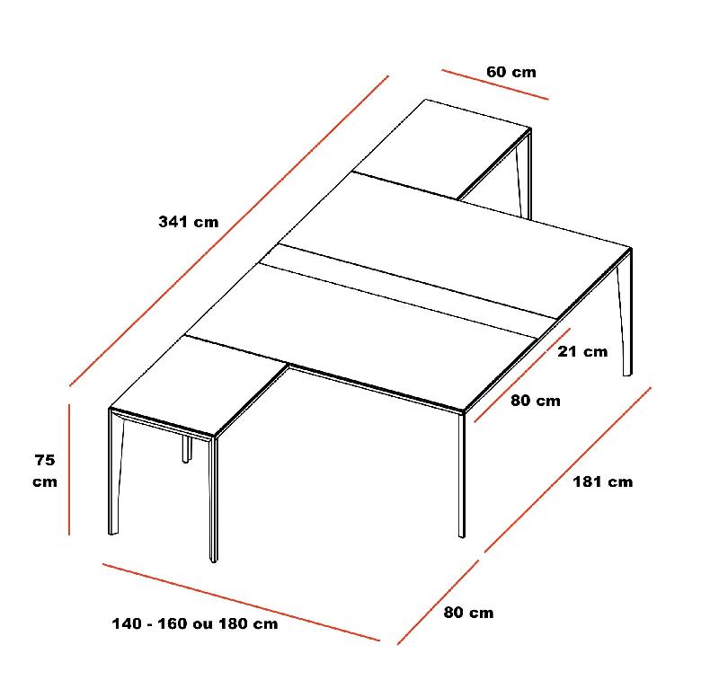 Bureau bench 2 personnes avec retour X5 - Officity. - 140, Blanc, Blanc_4
