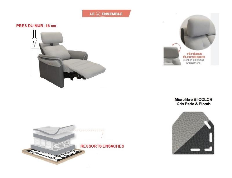Fauteuil relax électrique GELLIN en microfibre bi-color gris perle et plomb - Têtière électrique et synchronisation assise/dossier_4