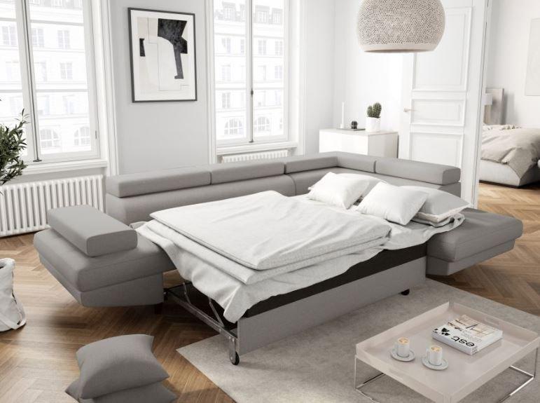 Canapé d'angle RINO - méridienne droite avec coffre - convertible - gris clair - pieds laqués noirs - 3 têtières réglables_4