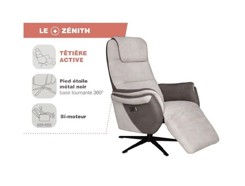 Fauteuil relax électrique ZILIA - Bi-moteur, tissu gris clair/gris foncé, piètement étoile métal noir - Pivotant 360°_4