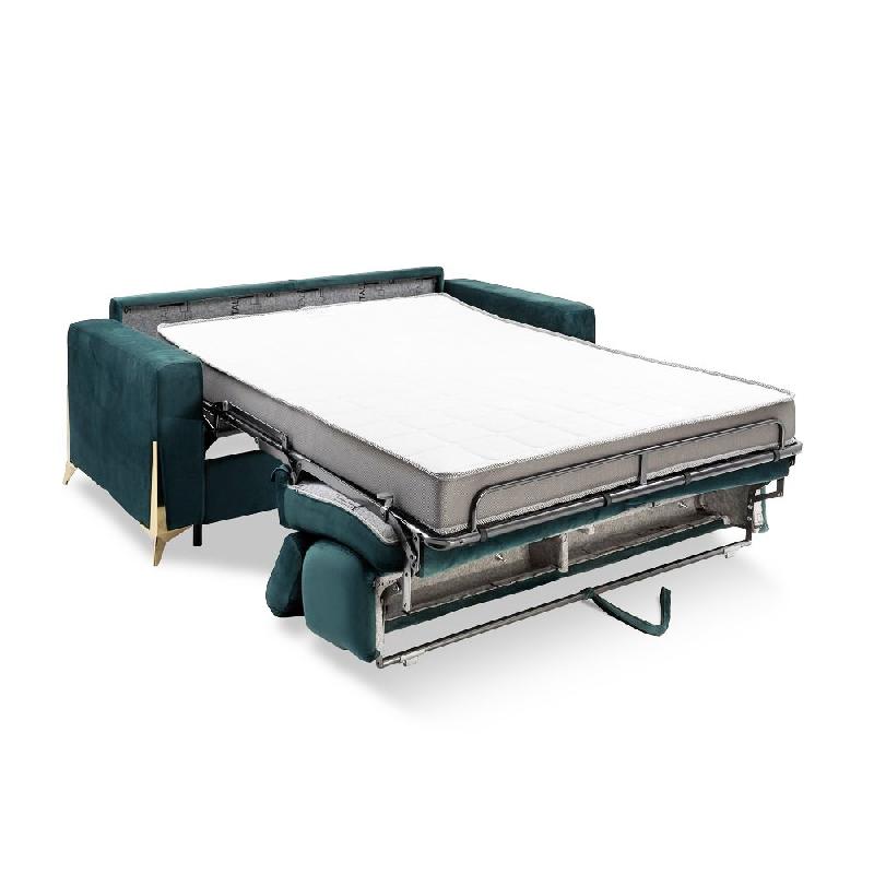 Canapé convertible Express Odacio 3 places - Sommier à lattes 140x197 cm - Têtières réglables - Matelas 16 cm - Pieds dorés - Velours bleu/vert menthe_4
