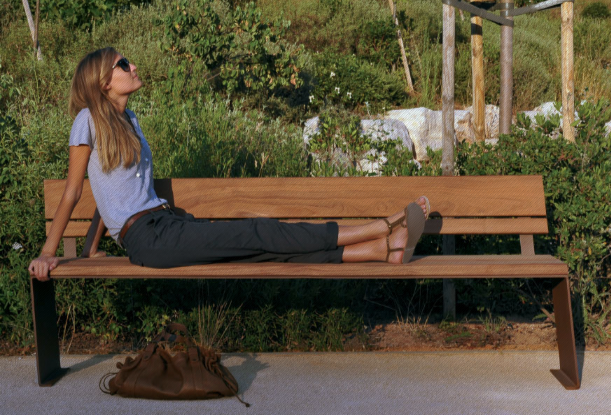 Banc public en bois PYSA - acier corten et bois tropical TIAMA - 2000mm_4