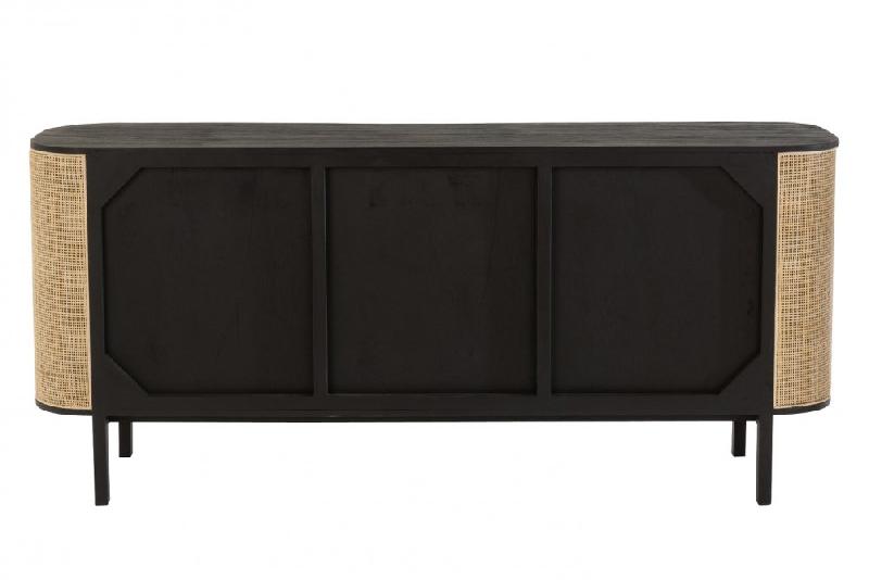 Buffet bas RARY - bois exotique noir et rotin naturel - 3 portes et 3 tablettes de rangement_4