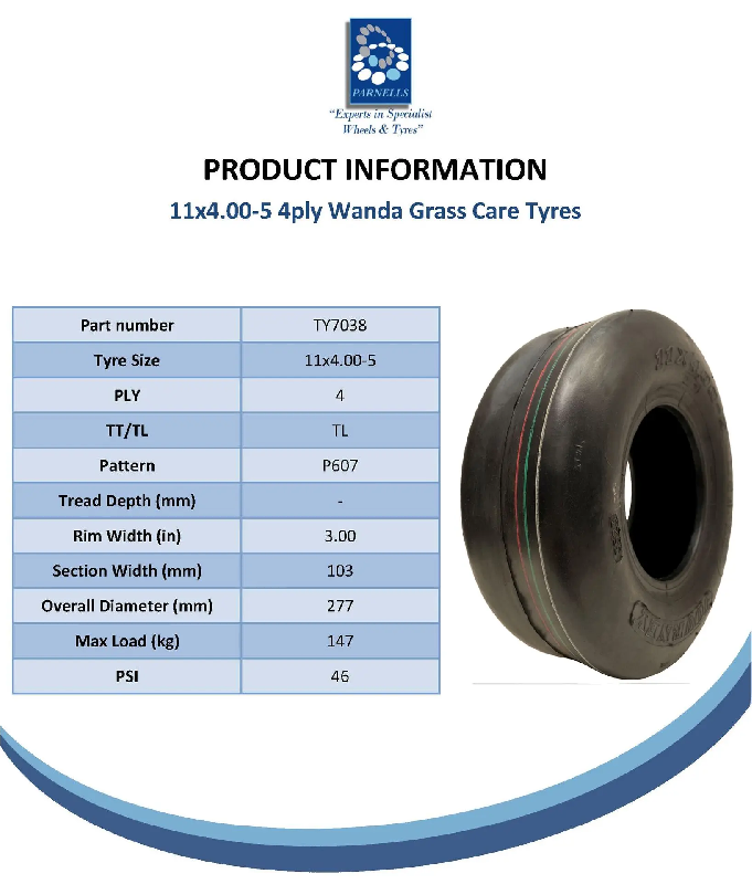 11x4.00-5 Smooth Lawnmower Slick Tyre 4ply Tubeless Wanda P607 150kgs (Set of 2)_4