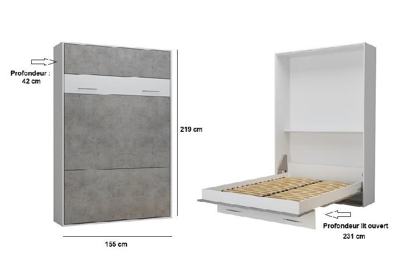 Lit escamotable LOFT blanc - façade gris béton - couchage 140x200 cm avec système vérins à pistons_4
