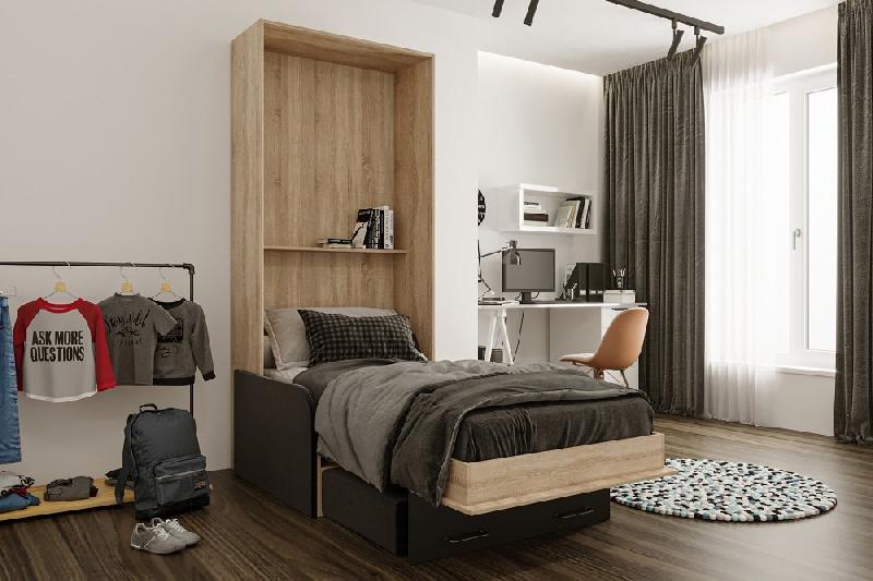 Lit escamotable style industriel KEY SOFA - canapé avec accoudoirs tissu et tiroirs de rangement - couchage 90x200 cm anthracite_4