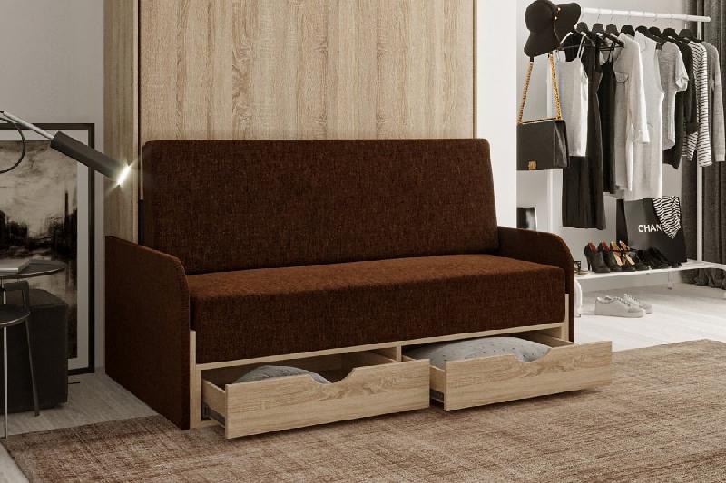 Lit escamotable style industriel KEY SOFA - chêne 140x200 cm - Canapé avec tiroirs et accoudoirs marron_4