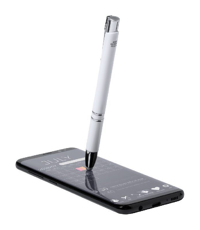 Stylo bille stylet antibactérien - plastique blanc - encre bleue - conforme ISO 22196_4