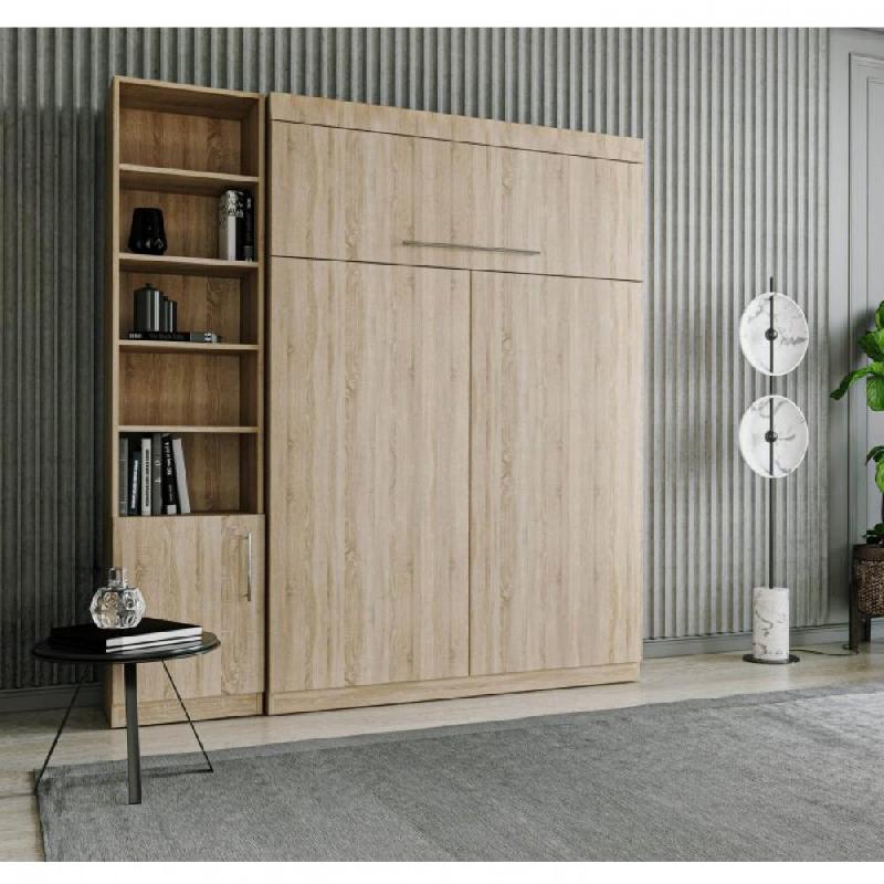 Lit escamotable LUTECIA 140x190 cm en chêne avec rangement bibliothèque intégré - système SEDAC MERAL_4