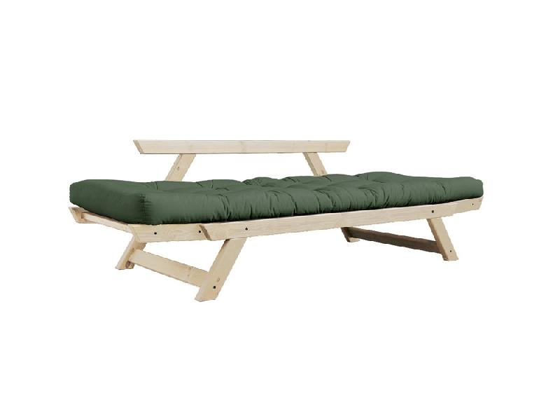 Banquette méridienne futon BEBOP - pin naturel - coloris vert olive - couchage 75x200 cm - convertible et design moderne_4