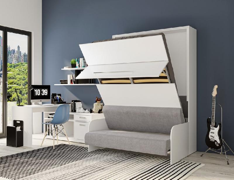 Armoire lit escamotable Sofa Automatica 140 cm blanche - Canapé microfibre gris intégré, dépliage automatique_4