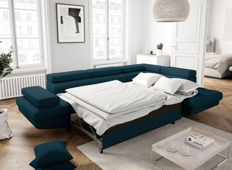 Canapé d'angle méridienne droite RINO - convertible avec coffre - bleu canard - pieds laqués noir - 3 têtières réglables - 2 coussins déco_4