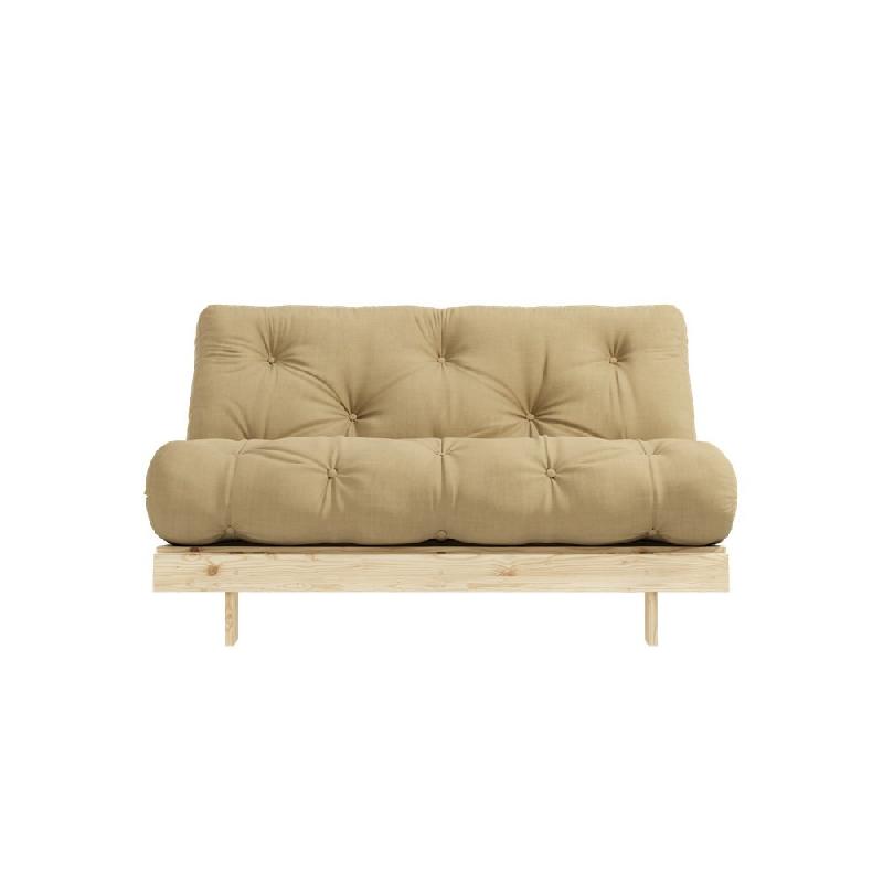 Canapé convertible futon ROOTS - Pin naturel - Tissu beige blé - Couchage 160x200 cm - Design japonais et scandinave_4