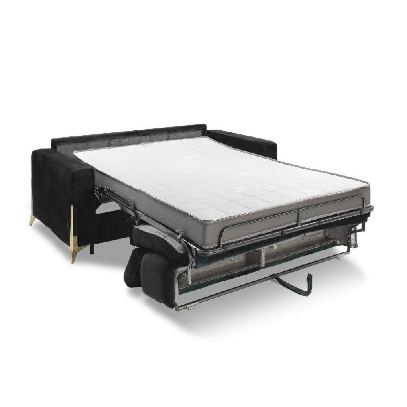Canapé convertible express ODACIO - Sommier à lattes 140x197 cm - Matelas 16 cm - Têtières réglables - Pieds dorés - Velours noir_4