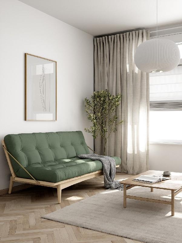 Banquette futon FOLK en pin massif - Coloris vert olive - Couchage 130 x 190 cm - Design scandinave avec accoudoirs en métal_4