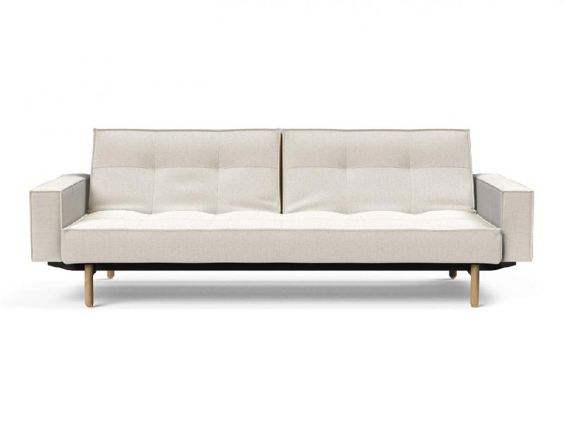 Canapé convertible Splitback Stem avec accoudoirs - pieds obus en chêne naturel - tissu bouclé Off White - couchage 115x210 cm_4