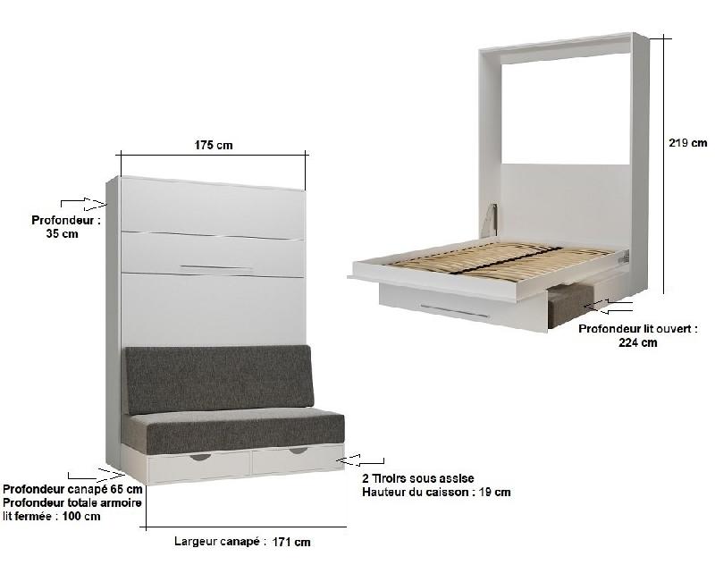 Armoire-lit escamotable KOMPACT SOFA avec canapé, tiroirs, blanc mat et tissu gris - Couchage 160x200 cm_4
