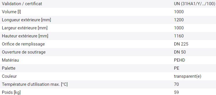 266168w - Cuve IBC produits dangereux - 1000 litres - Palette PE - Ouverture DN 225 - Sortie DN 50 - Certification UN 31HA1/Y_4