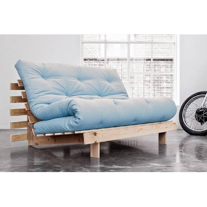 Canapé convertible futon ROOTS - Pin naturel bleu clair - Couchage 140x200 cm - Design japonais et scandinave_4