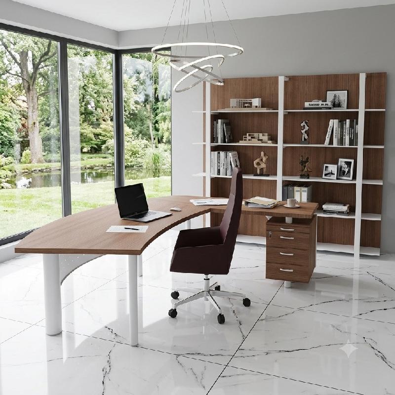 Bureau d'angle X time Next avec retour et caisson - Quadrifoglio. - 217, Blanc, Noyer canaletto, 3 tiroirs_4