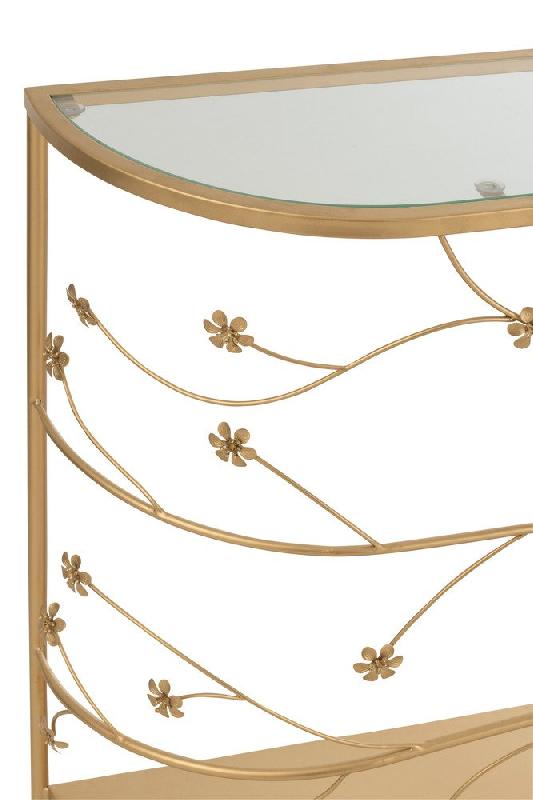Console demi-lune MELAURE en métal doré - Plateau en verre - Motifs fleuris - L100 x H77 x P24_4