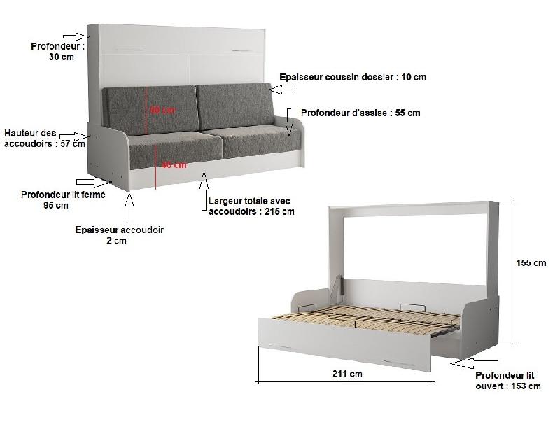 Armoire-lit escamotable VERTIGO SOFA - structure accoudoirs mélaminés blancs - tissu gris - 140x200 cm_4