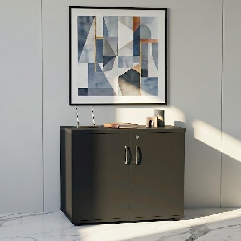Armoire de bureau avec portes décor bois - MDD - Gris anthracite, Noir_4