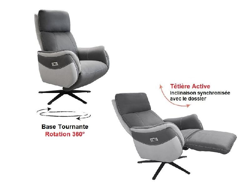 Fauteuil relax électrique Cabries - Bi-moteur - Microfibre bicolore Gris plomb/Perle - Piètement étoile métal noir pivotant_4