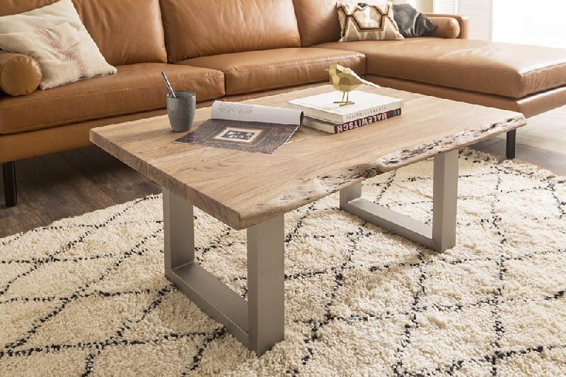 Table basse Claren - plateau 110 cm en acacia massif naturel laqué - piétement en U acier brossé_4