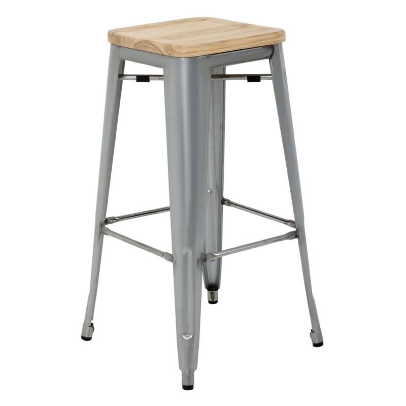 Tabourets hauts en acier galvanisé avec assise en bois Bistro (lot de 4) | Bolero - GM638_4