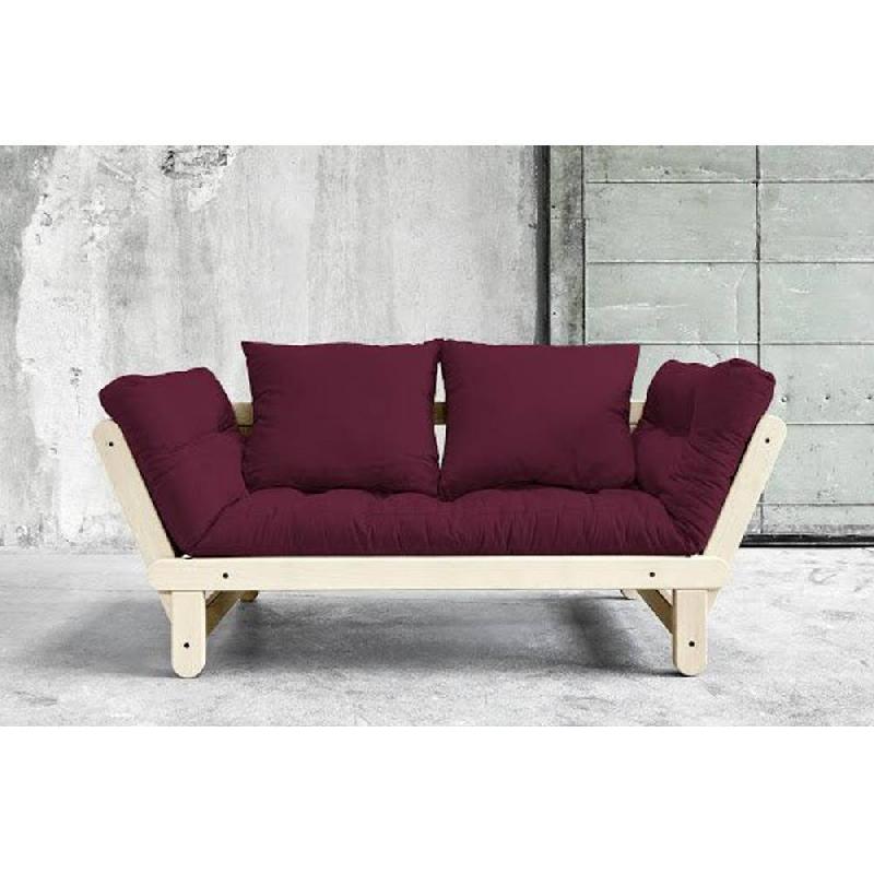 Banquette méridienne futon Beat - Pin naturel et tissu bordeaux - Couchage 75x200 cm_4