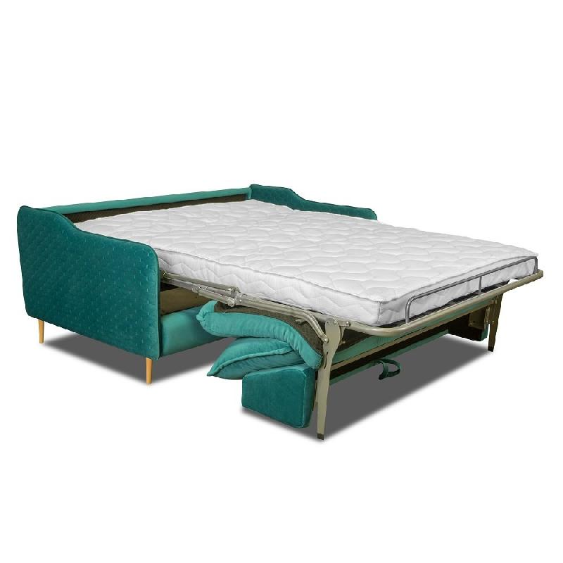 Canapé lit scandinave 3 places Lagos 140 cm - ouverture express, sommier à lattes, matelas 13 cm en velours vert canard_4