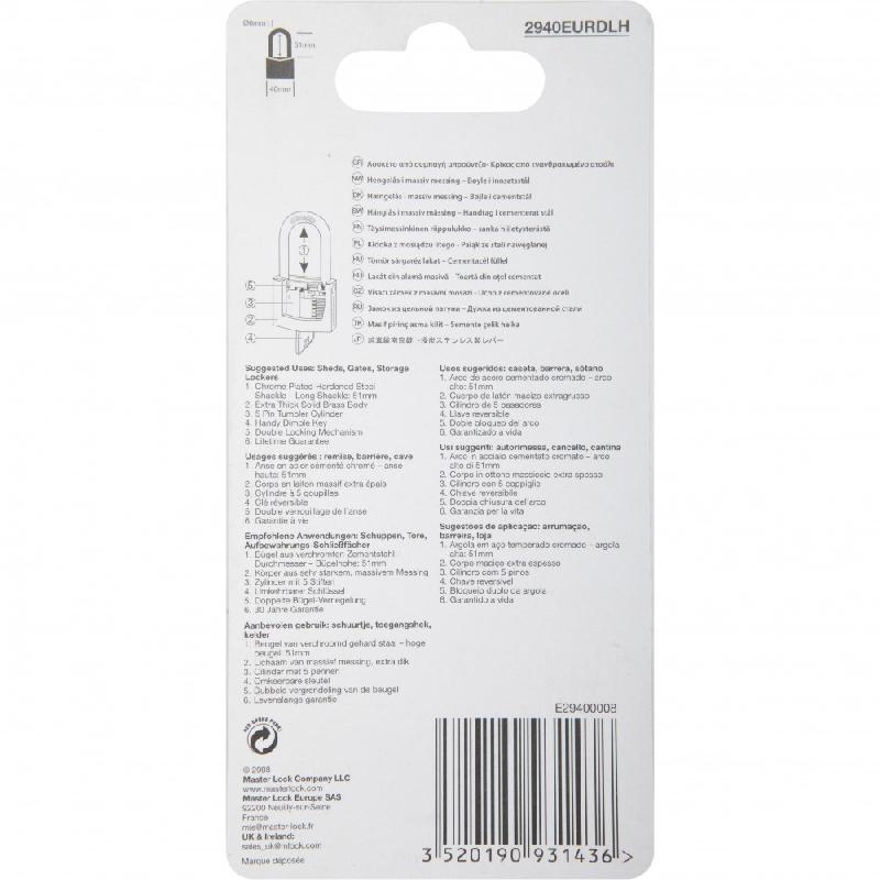 Cadenas à clé Master Lock - laiton massif 40 mm - anse haute 51 mm - usage intérieur/extérieur_4