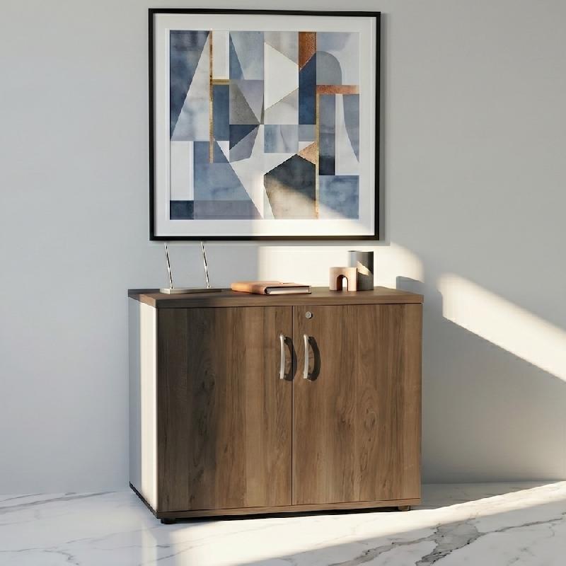 Armoire de bureau avec portes décor bois - MDD - Noyer, Gris aluminium_4