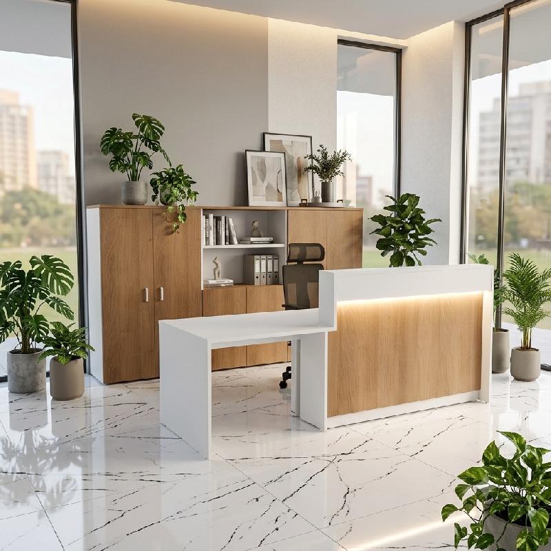 Bureau d'accueil PMR 1 personne Eira avec option LED - Mobel Linea - 202, Gauche, Oui, Blanc / acacia foncé_4