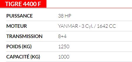 Tracteur polyvalent Tigre 4400 F avec connexions hydrauliques doubles