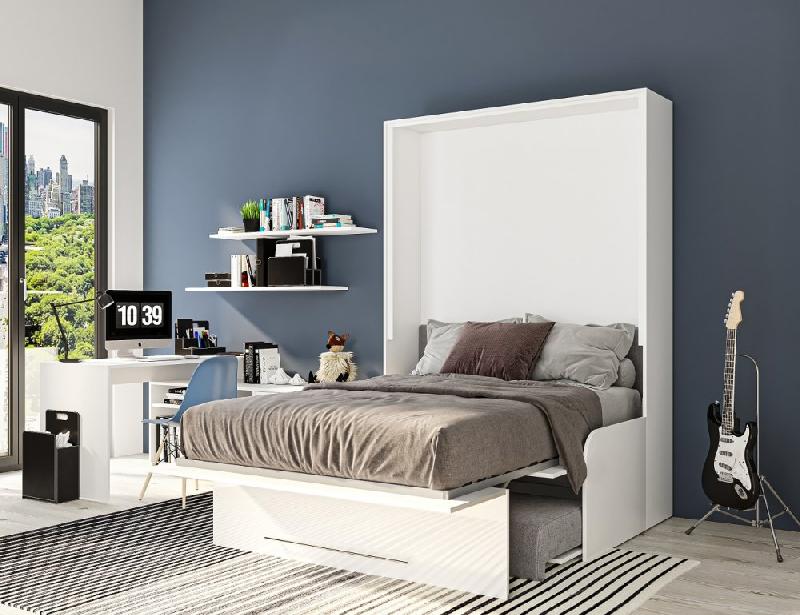 Armoire lit escamotable Sofa Automatica 140 cm - façade laquée blanc brillant - canapé microfibre gris intégré_4