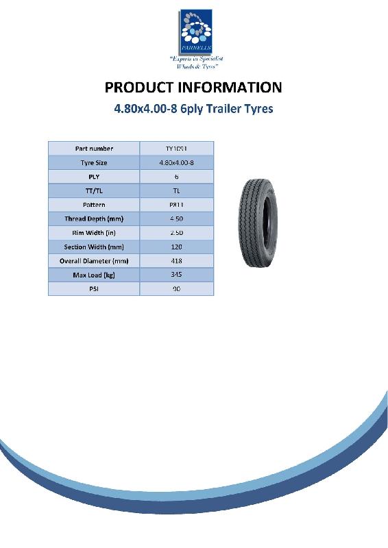 4.80/4.00-8 6ply, pneu remorque, 340kg, 400x8 - Wanda P811 road legal - jeu de 4._4