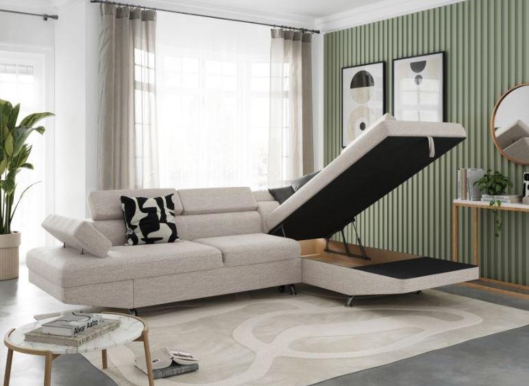 Canapé d'angle convertible méridienne droite RINO beige - pieds métal - avec coffre et têtières réglables_4