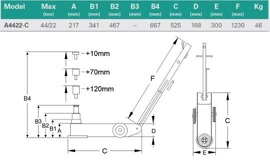 A4422-C - Crics oléopneumatiques Compac - Capacité maximale 44/22T - Hauteur 217 à 467 mm_4