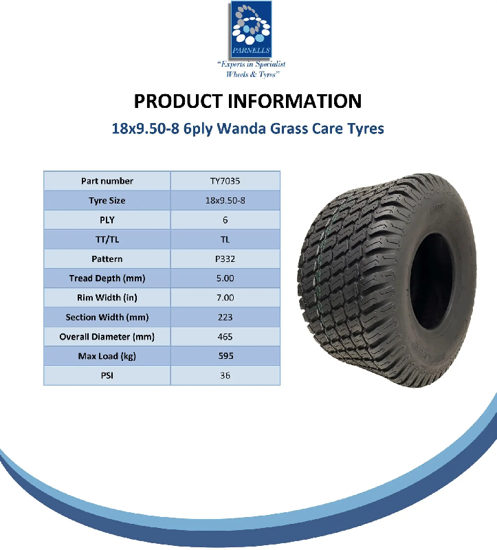 18x9.50-8 Lawnmower Grass Tyre and Tube 6ply Tubeless Wanda P332 Pattern 595kgs_4