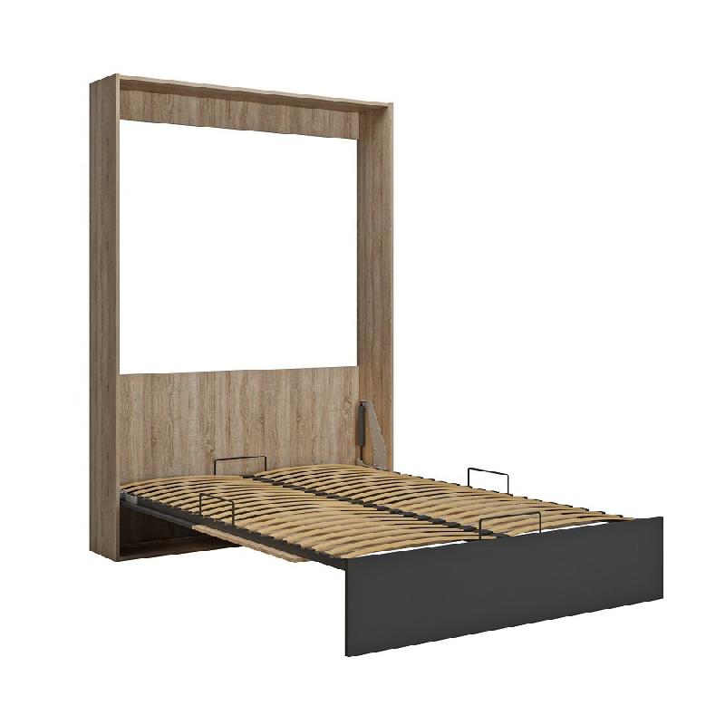 Lit escamotable industriel STUKEY - Chêne et noir mat - 140 x 200 cm avec ferrures décoratives_4