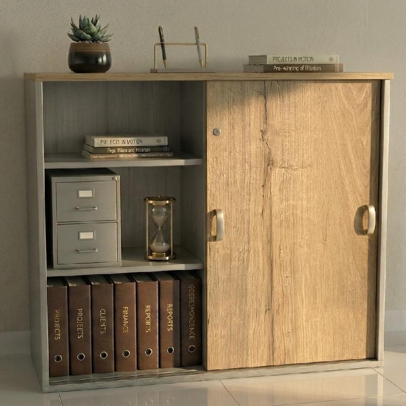 Armoire mi-haute à portes coulissantes - Mobel Linea - 120, Gris aluminium, Acacia clair_4