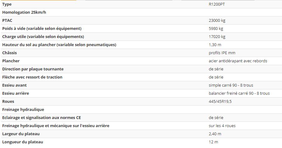 Remorque robuste pour transport de fourrages 12 mètres