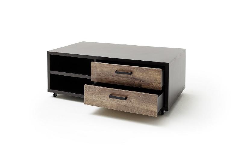 Table basse HALTON 115x45 - décor chêne barrique vieilli et gris cosmos mat - style industriel avec roulettes_4