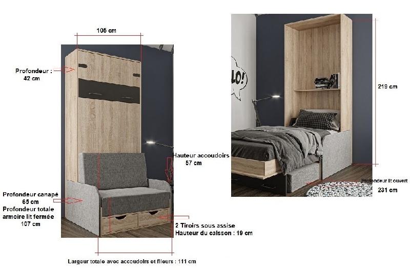 Lit escamotable style industriel KEY SOFA - Canapé rouge avec accoudoirs tissu, tiroirs, couchage 90x200 cm_4