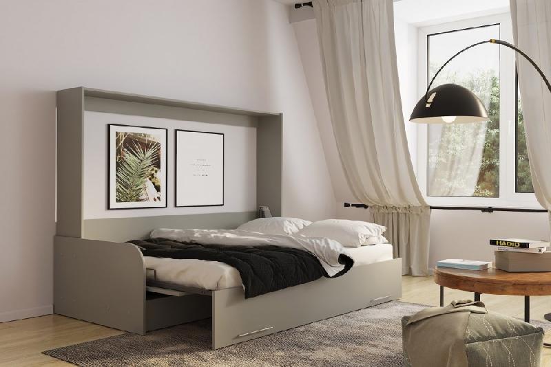 Armoire-lit escamotable VERTIGO SOFA - accoudoirs bois gris - canapé tissu gris - couchage 140x200 cm_4