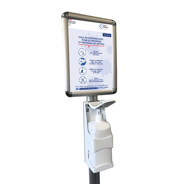 Poteau distributeur 158 cm - 2 faces - Pompe à gel - Cadres pancartes A3 portrait ou paysage - Noir - Réf : 214963NR_4