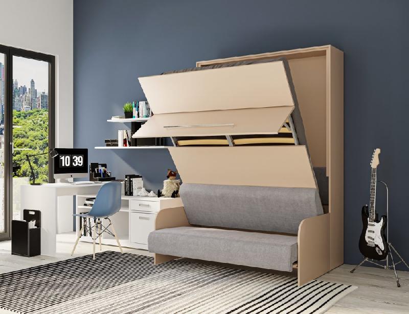 Armoire lit escamotable Sofa Automatica 140 cm - Canapé microfibre gris - Structure taupe_4